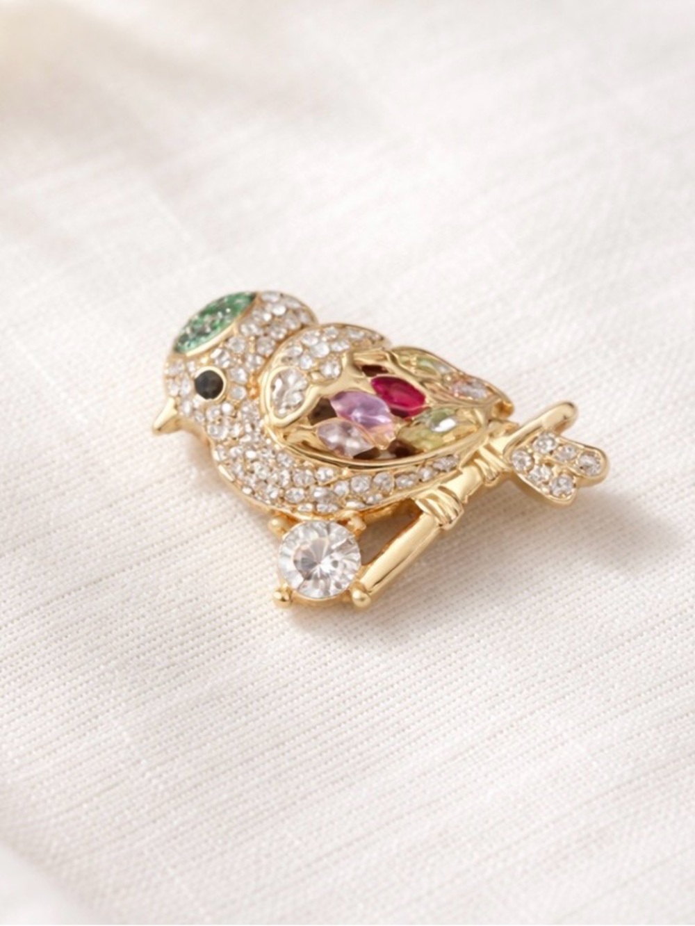 Vintage Style Rhinestone Bird Brooch – Gold Tone Colorful Crystal Pin
